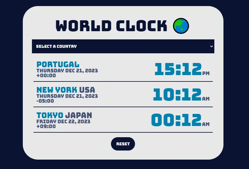 Screenshot of a world clock app